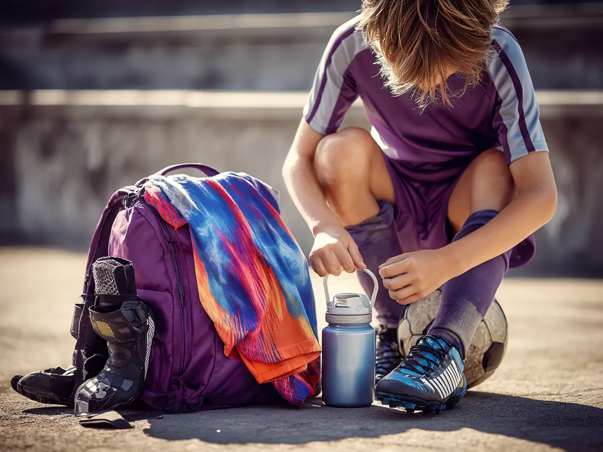 Un enfant avec son sac sur un terrain de foot